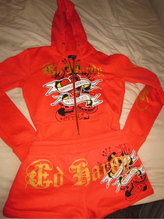 Ed Hardy Tops - Ed Hardy Orange Graphic Zip-Up Hoodie and Shorts Set